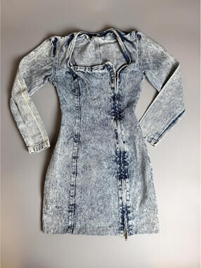 Vintage Acid Wash Denim Dress, Zip Denim Mini, Y2K Bodycon Dress, Long Sleeve